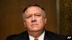 Secretary of State Mike Pompeo testifies before a Senate Foreign Relations committee hearing on the State Department's 2021 budget on Capitol Hill Thursday, July 30, 2020, in Washington. (Jim Lo Scalzo/Pool via AP)