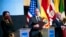 U.S. Secretary of State Antony Blinken, center, gives a press conference at a ministerial conference on migration and protection in Panama City, April 20, 2022. With him are U.S. Secretary of Homeland Security Alejandro Mayorkas and Panamanian Foreign Minister Erika Mouynes.