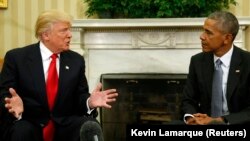 도널드 트럼프 미국 대통령 당선인(왼쪽)이 10일 바락 오바마 미국 대통령과 백악관에서 만남을 가졌다.