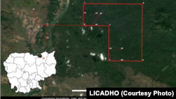 រូបផែនទីបង្ហាញពីព្រំដែនដីសម្បទាននៅខេត្តស្ទឹងត្រែង ដែលត្រូវបានរដ្ឋាបាលសម្រេចផ្តល់ដល់ក្រុមហ៊ុនអភិវឌ្ឍន៍ បន្ទាប់ពីផ្អាកការផ្តល់ដីសម្បទានជិតមួយទសវត្សរ៍ក្រោយមក។ (រូបថតដោយលីកាដូ)
