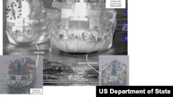 미국 국무부가 지난 10월 유엔 제재를 위반한 대북 불법 환적 장면이라며 공개한 사진. 앞선 5월 18일 동중국해에서 파나마 선적인 샹유안바오호가 유엔 안보리 제재 대상인 북한 백마호에 유류를 옮겨 싣고 있다.