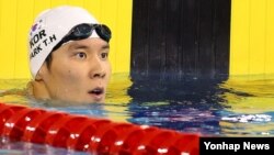 지난해 9월 인천 문학박태환수영장에서 열린 2014 인천 아시안게임 수영 남자 400m 결승에서 3위를 차지한 한국의 박태환이 자신의 기록을 확인하고 있다. (자료사진)