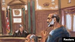 طرحی از سلیمان بوغیث، داماد اسامه بن لادن و سخنگوی القاعده در زمان حملات یازدهم سپتامبر که هشتم مارس ۲۰۱۳ در دادگاه حاضر شد. 