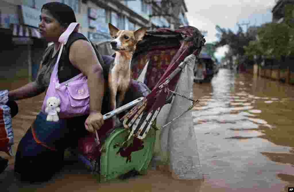 Seorang perempuan dan anjingnya naik rickshaw, semacam becak,&nbsp; berjalan melalui banjir di Gauhati, India. Sejumlah orang tewas karena sengatan listrik dan tanah longsor yang dipicu oleh hujan terus-menerus di negara bagian Assam di timur laut&nbsp;India. 