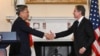 Secretary of State, Antony Blinken shakes hands with South Korean Foreign Minister Park Jin at the State Department in Washington, June 13, 2022, after a news conference. 