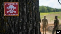 Фото: Попередження про міни в околицях Києва, червень 2022 року (AP Photo/Наташа Пісаренко)