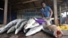 FILE - A fishmonger displays barracuda for sale at a fresh fish market in Limbe, Cameroon, April 10, 2022. 