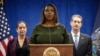 Procuradora-geral de Nova Iorque, Letitia James , durante conferência de imprensa apresentando caso de fraude financeira contra ex-presidente Doandl Trump e filhos adultos