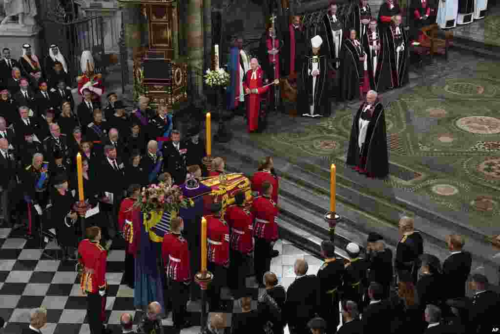 The coffin is placed near the altar at the State Funeral of Queen Elizabeth, held at Westminster Abbey in London, Sept. 19, 2022.