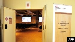 A general view of the trial broadcast room for civil parties and lawyers in Nice, Southern France, Sept. 1, 2022.
