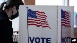 资料照：一位美国选民11月3号投票日在佐治亚州亚特兰大市一间投票站投票。