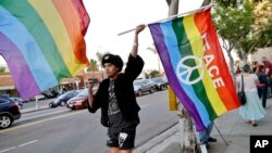 一名同性恋支持者在圣地亚哥的LGBTQ同性恋权利组织的集会上挥舞着彩虹旗(资料照片)