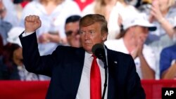 도널드 트럼프 미국 대통령이 8일 미국 플로리다 주 파나마 시티 비치에서 열린 집회에서 주먹을 불끈 쥐고 있다. 