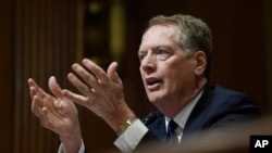 美国贸易代表莱特希泽2019年6月18日出席参议院金融委员会听证（资料图）