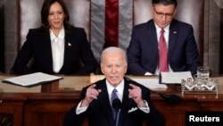 ប្រធានាធិបតីសហរដ្ឋអាមេរិក​លោក Joe Biden ថ្លែង​សុន្ទរកថាប្រចាំឆ្នាំស្តីពី​ស្ថានភាព​សហព័ន្ធ នៅវិមាន​សភា​ ក្នុងរដ្ឋធានីវ៉ាស៊ីនតោន កាលពីយប់ថ្ងៃទី៧ ខែមីនា ឆ្នាំ២០២៤។