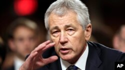 Republican Chuck Hagel, President Obama's choice for defense secretary, testifies before the Senate Armed Services Committee during his confirmation hearing, on Capitol Hill, Jan. 31, 2013.