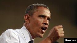 2012年9月12日，美国总统奥巴马在拉斯维加斯竞选集会上发表演讲。