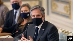 U.S. Secretary of State Antony Blinken speaks to the media during talks with Ukrainian President Volodymyr Zelenskyy, in Kyiv, Ukraine, Thursday, May 6, 2021. (AP Photo/Efrem Lukatsky, Pool)