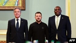 US Secretary of State Antony Blinken (L), Ukraine's President Volodymyr Zelensky and Britain's Foreign Secretary David Lammy attend a meeting in Kyiv, on September 11, 2024, amid the Russian invasion on Ukraine.