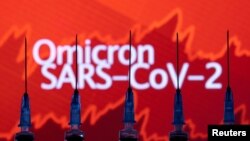  Syringes with needles are seen in front of a displayed stock graph and words "Omicron SARS-CoV-2" in this illustration taken, November 27, 2021. REUTERS/Dado Ruvic/Illustration/File Photo
