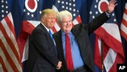 2016年7月6日共和党当选总统唐纳德·川普（左）和前议长金格里奇（右）在竞选集会中心