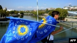 An opposition supporter carries flags of Georgian Dream coalition while celebrating victory in parliamentary polls in central Tbilisi, October 2, 2012.