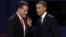 Republican presidential nominee Mitt Romney and President Barack Obama talk after the first presidential debate at the University of Denver, Oct. 3, 2012, in Denver. 