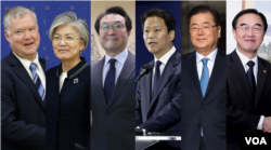 스티븐 비건 국무부 대북정책특별대표(왼쪽)가 한국 방문 중 만난 고위 관계자들. 왼쪽 두번째부터 강경화 외교장관, 이도훈 외교부 한반도평화교섭본부장, 임종석 청와대 비서실장, 정의용 청와대 국가안보실장, 조명균 통일장관. 사진출처=AP, 청와대.