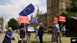 FILE - Anti-Brexit, EU supporters hold placards and European Union flags on Abingdon Green, backdropped by the Houses of Parliament in London, July 9, 2018.