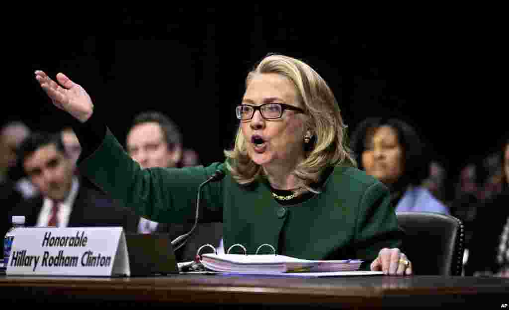 Outgoing Secretary of State Hillary Clinton testifies on Capitol Hill, January 23, 2013, before the Senate Foreign Relations Committee hearing on the deadly September attack on the U.S. diplomatic mission in Benghazi, Libya.