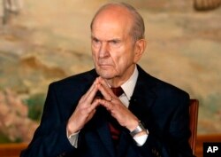 FILE - President Russell M. Nelson looks on following a news conference, in Salt Lake City, Jan. 16, 2018. The Mormon church is expected to select two new members to a top governing body during a twice-yearly church conference this weekend.