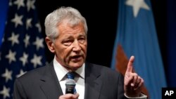 Defense Secretary Chuck Hagel speaks to service members and civilian employees at the Pentagon after being sworn-in, Feb. 27, 2013.