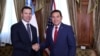 U.S. Department of Homeland Security acting Secretary Kevin McAleenan and Guatemalan President Jimmy Morales shake hands before a bilateral meeting in Guatemala City, Guatemala Aug. 1, 2019.
