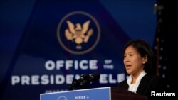 资料照片：被时为当选总统拜登提名为美国贸易代表的戴琪在一个新闻发布会上讲话。(2020年12月11日)