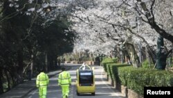 保安人员跟随一辆5G自动汽车在关闭的武汉大学内拍摄盛开的樱花。（2020年3月17日）