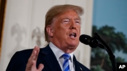 美国总统川普在白宫就伊朗核协议发表讲话。 （2018年5月8日）