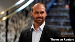 FILE PHOTO: Eduardo Bolsonaro, son of Brazilian President Jair Bolsonaro, arrives for the showing of a documentary on the government of Jair Bolsonaro in Washington