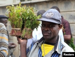 FILE - A vendor walks away with bundles of qat leaves from an open air wholesale market in Kenya's capital Nairobi, July 10, 2013.