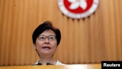 香港特首林郑月娥2019年9月5日在香港的记者会上。