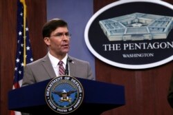 Defense Secretary Mark Esper speaks during a briefing at the Pentagon in Washington, March 2, 2020.