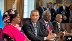 President Barack Obama in the Cabinet Room of the White House after a meeting with, from left, Malawi President Joyce Banda; Sierra Leone President Ernest Bai Koroma; and Cape Verde Prime Minister José Maria Pereira Neves , March 28, 2013.