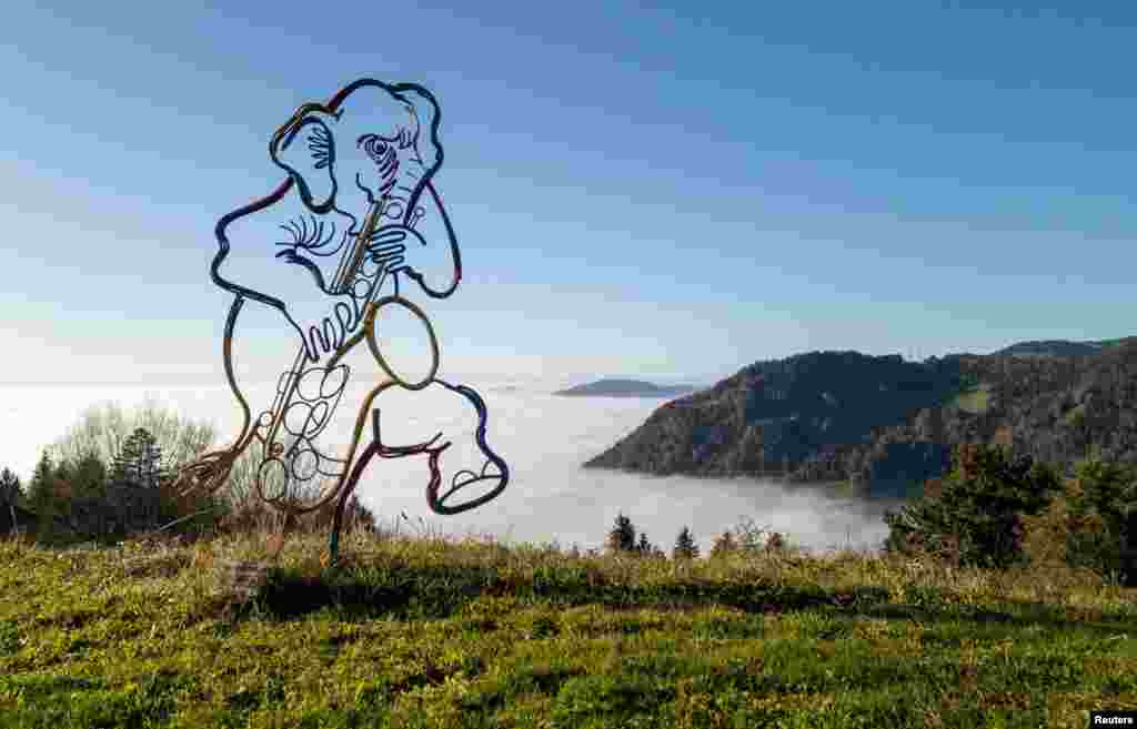 A drone view shows an artwork by Rolf Knie in the garden of the chalets of the founder of the Montreux Jazz Festival Claude Nobs in Caux near Montreux, Switzerland.