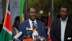 Kenya's opposition leader Raila Odinga makes a statement to the media in Nairobi, Oct. 31, 2017.