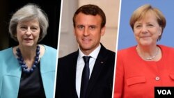 از راست آنگلا مرکل، امانوئل ماکرون و ترزا می رهبران آلمان، فرانسه و بریتانیا