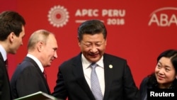 시진핑 중국 국가주석(가운데)이 지난 19일 페루 리마에서 열린 APEC 정상회의에서 블라디미르 푸틴 러시아 대통령과 대화하고 있다.