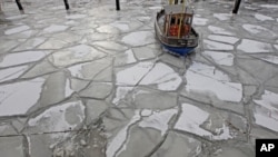 2月8日德国北部汉堡的一艘船被困在结了冰的河面上