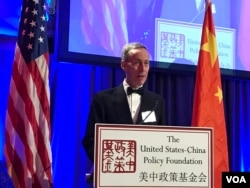 美中贸易全国委员会主席艾伦大使2019年11月21日在五月花饭店接受美中政策基金会颁发的“杰出成就奖”后发表讲话（美国之音莉雅拍摄）