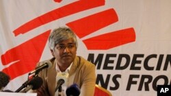 Doctors Without Borders President Unni Karunakara addresses a news conference in Kenya's capital Nairobi, Aug. 14, 2013.
