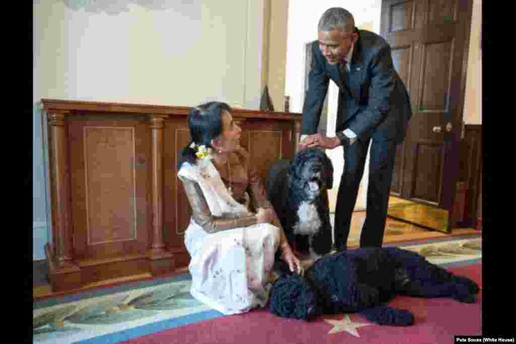 Aung San Suu Kyi, State Counselor and Minister of Foreign Affairs of Myanmar, visits President Obama family pets Bo and Sunny in the Cabinet Room of the White House following their bilateral meeting, Sept. 14, 2016.