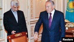 Kazakhstan's President Nursultan Nazarbayev (R) meets with Iran's Supreme National Security Council Secretary and chief nuclear negotiator Saeed Jalili in Almaty, Kazakhstan, Feb. 25, 2013.